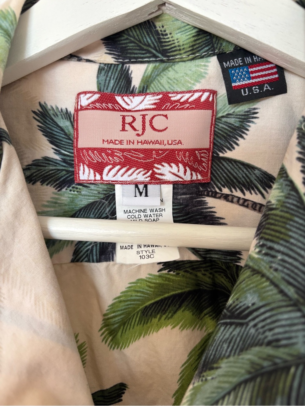 RJC Beige Palm Tree Print Camp Collar Short Sleeve Shirt Men's M - Picture 3 of 3